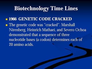 Biotechnology Time LinesBiotechnology Time Lines
nn 1966 GENETIC CODE CRACKED1966 GENETIC CODE CRACKED
nn The genetic code was "cracked". MarshallThe genetic code was "cracked". Marshall
NirenbergNirenberg, Heinrich, Heinrich MathaeiMathaei, and, and SeveroSevero OchoaOchoa
demonstrated that a sequence of threedemonstrated that a sequence of three
nucleotide bases (a codon) determines each ofnucleotide bases (a codon) determines each of
20 amino acids.20 amino acids.
 