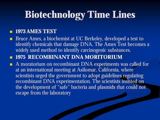 Biotechnology Time LinesBiotechnology Time Lines
nn 1973 AMES TEST1973 AMES TEST
nn Bruce Ames, a biochemist at UC Berkeley, developed a test toBruce Ames, a biochemist at UC Berkeley, developed a test to
identify chemicals that damage DNA. The Ames Test becomes aidentify chemicals that damage DNA. The Ames Test becomes a
widely used method to identify carcinogenic substances.widely used method to identify carcinogenic substances.
nn 1975 RECOMBINANT DNA MORITORIUM1975 RECOMBINANT DNA MORITORIUM
nn A moratorium on recombinant DNA experiments was called forA moratorium on recombinant DNA experiments was called for
at an international meeting atat an international meeting at AsilomarAsilomar, California, where, California, where
scientists urged the government to adopt guidelines regulatingscientists urged the government to adopt guidelines regulating
recombinant DNA experimentation. The scientists insisted onrecombinant DNA experimentation. The scientists insisted on
the development of "safe" bacteria and plasmids that could notthe development of "safe" bacteria and plasmids that could not
escape from the laboratoryescape from the laboratory
 