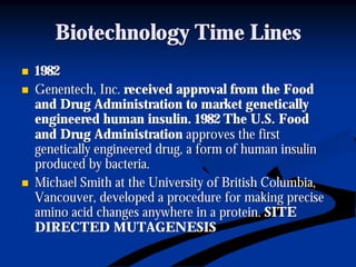 Biotechnology Time LinesBiotechnology Time Lines
nn 19821982
nn GenentechGenentech, Inc., Inc. received approval from the Foodreceived approval from the Food
and Drug Administration to market geneticallyand Drug Administration to market genetically
engineered human insulin. 1982 The U.S. Foodengineered human insulin. 1982 The U.S. Food
and Drug Administrationand Drug Administration approves the firstapproves the first
genetically engineered drug, a form of human insulingenetically engineered drug, a form of human insulin
produced by bacteria.produced by bacteria.
nn Michael Smith at the University of British Columbia,Michael Smith at the University of British Columbia,
Vancouver, developed a procedure for making preciseVancouver, developed a procedure for making precise
amino acid changes anywhere in a protein.amino acid changes anywhere in a protein. SITESITE
DIRECTED MUTAGENESISDIRECTED MUTAGENESIS
 