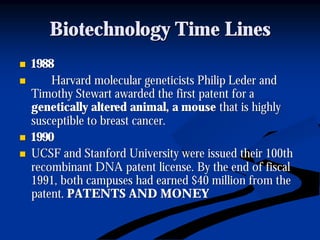 Biotechnology Time LinesBiotechnology Time Lines
nn 19881988
nn Harvard molecular geneticists PhilipHarvard molecular geneticists Philip LederLeder andand
Timothy Stewart awarded the first patent for aTimothy Stewart awarded the first patent for a
genetically altered animal, a mousegenetically altered animal, a mouse that is highlythat is highly
susceptible to breast cancer.susceptible to breast cancer.
nn 19901990
nn UCSF and Stanford University were issued their 100thUCSF and Stanford University were issued their 100th
recombinant DNA patent license. By the end of fiscalrecombinant DNA patent license. By the end of fiscal
1991, both campuses had earned $40 million from the1991, both campuses had earned $40 million from the
patent.patent. PATENTS AND MONEYPATENTS AND MONEY
 