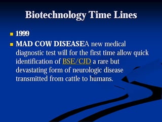 Biotechnology Time LinesBiotechnology Time Lines
nn 19991999
nn MAD COW DISEASEMAD COW DISEASEA new medicalA new medical
diagnostic test will for the first time allow quickdiagnostic test will for the first time allow quick
identification ofidentification of BSE/CJDBSE/CJD a rare buta rare but
devastating form ofdevastating form of neurologicneurologic diseasedisease
transmitted from cattle to humans.transmitted from cattle to humans.
 