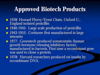 Approved Biotech ProductsApproved Biotech Products
nn 1938: Howard1938: Howard FloreyFlorey/Ernst Chain, Oxford U.,/Ernst Chain, Oxford U.,
England isolated penicillinEngland isolated penicillin
nn 19401940--1945: Large scale production of penicillin1945: Large scale production of penicillin
nn 19431943--1953: Cortisone first manufactured in large1953: Cortisone first manufactured in large
amountsamounts
nn 1977:1977: GenentechGenentech producedproduced somatostatinsomatostatin (human(human
growth hormonegrowth hormone--releasing inhibitory factor),releasing inhibitory factor),
manufactured in bacteria. First time a recombinant genemanufactured in bacteria. First time a recombinant gene
was used to clone a protein.was used to clone a protein.
nn 1978: Harvard researchers produced rat insulin by1978: Harvard researchers produced rat insulin by
recombinant DNA.recombinant DNA.
 