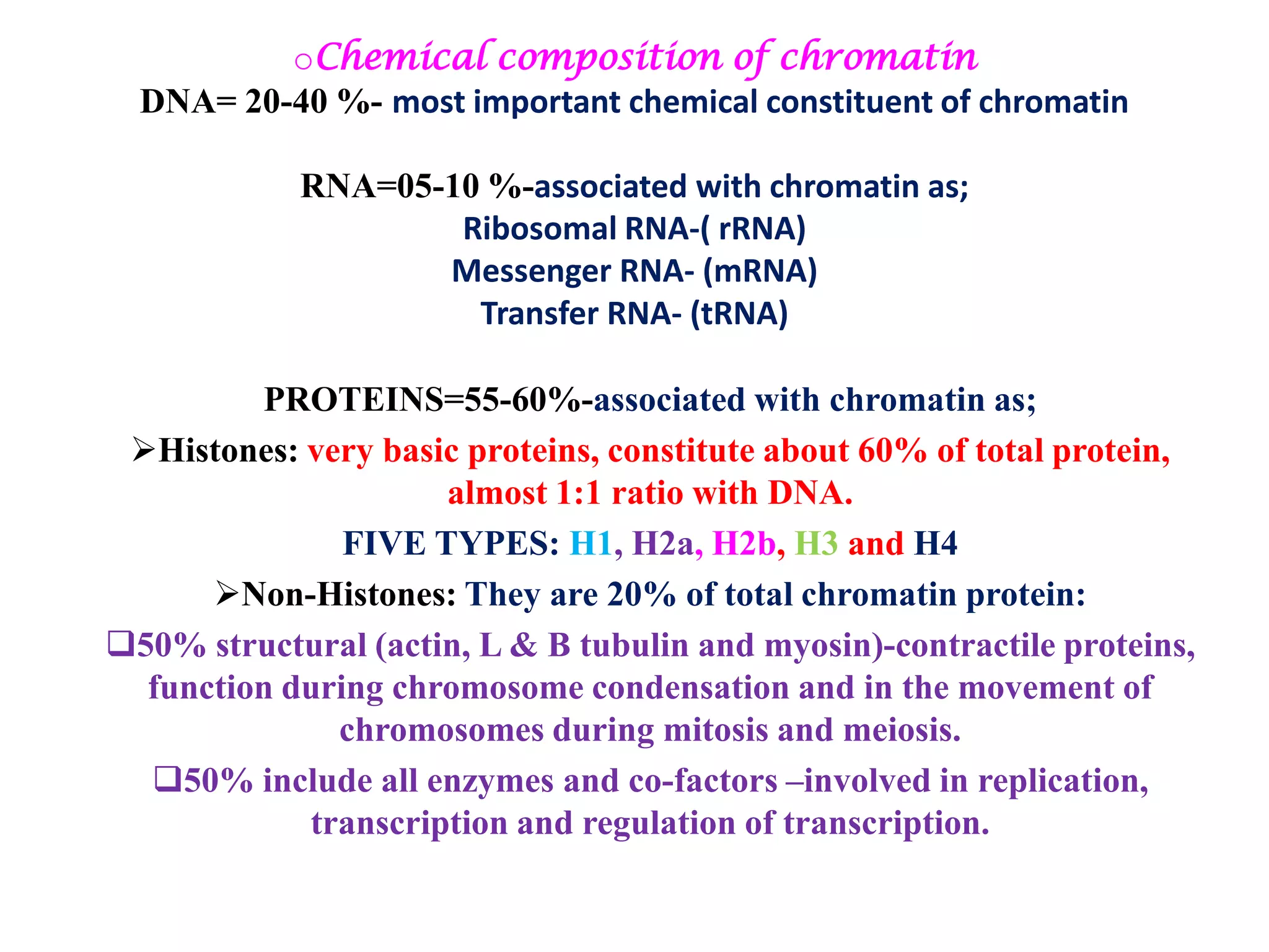 oChemical composition of chromatin
DNA= 20-40 %- most important chemical constituent of chromatin
RNA=05-10 %-associated with chromatin as;
Ribosomal RNA-( rRNA)
Messenger RNA- (mRNA)
Transfer RNA- (tRNA)
PROTEINS=55-60%-associated with chromatin as;
Histones: very basic proteins, constitute about 60% of total protein,
almost 1:1 ratio with DNA.
FIVE TYPES: H1, H2a, H2b, H3 and H4
Non-Histones: They are 20% of total chromatin protein:
50% structural (actin, L & B tubulin and myosin)-contractile proteins,
function during chromosome condensation and in the movement of
chromosomes during mitosis and meiosis.
50% include all enzymes and co-factors –involved in replication,
transcription and regulation of transcription.

 