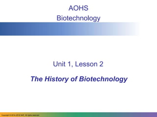 Unit 1, Lesson 2
AOHS
Biotechnology
The History of Biotechnology
Copyright © 2014‒2016 NAF. All rights reserved.
 