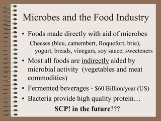 Microbes and the Food Industry
• Foods made directly with aid of microbes
Cheeses (bleu, camembert, Roquefort, brie),
yogurt, breads, vinegars, soy sauce, sweeteners
• Most all foods are indirectly aided by
microbial activity (vegetables and meat
commodities)
• Fermented beverages - $60 Billion/year (US)
• Bacteria provide high quality protein…
SCP! in the future???
 