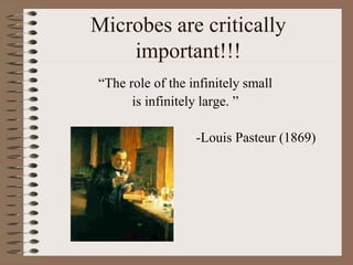 Microbes are critically
important!!!
“The role of the infinitely small
is infinitely large. ”
-Louis Pasteur (1869)
 