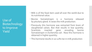 Use of
Biotechnology
to Improve
Yield
 Milk is of the food item used all over the world due to
its nutritional value.
 Bovine Somatotropin is a hormone released
by pituitary gland. It raises the milk production.
 Previously this hormone was extracted from brain of
slaughtered calves. But that results in low quantity.
Scientists inserted gene encoding bovine
Somatotropin in Escherichia coli . Now this hormone is
obtained in higher quantity.
 This hormone results in 10-12% rise in milk production
 