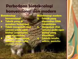 Perbedaan bioteknologi konvensional dan modern  Bioteknologi konvensional Teknik yang di gunakan fermentasi Tidak mengubah sifat (proses) pada agen biologi (organisme) yang digunakan Contoh: tape, tempe, alkohol, asam cuka ,  yoghurt, kecap  Bioteknologi modern Teknik yang digunakan DNA rekombinan Mengubah sifat (proses) pada agen biologi yang dihasilkan Contoh: insulin, vaksin, penicilin 