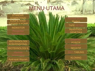 MENU UTAMA STANDAR   KOMPETENSI KOMPETENSI    DASAR2.4 KOMPETENSI DASAR INDIKATOR Pengertian Bioteknologi BIOTEKNOLOGI KONVENSIONAL BIOTEKNOLOGI MODERN Manfaat bioteknologi Konvensional Ayat-ayat   Alquran ِ DAMPAK  NEGATIF DAMPAK  POSITIF REKAYASA   GENETIKA TAPE  KETAN Manfaat Biotek  Modern KLONING BAYI  TABUNG 