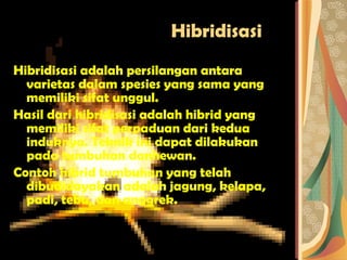 Hibridisasi Hibridisasi adalah persilangan antara varietas dalam spesies yang sama yang memiliki sifat unggul.  Hasil dari hibridisasi adalah hibrid yang memiliki sifat perpaduan dari kedua induknya. Teknik ini dapat dilakukan pada tumbuhan danhewan.  Contoh hibrid tumbuhan yang telah dibudidayakan adalah jagung, kelapa, padi, tebu, dan anggrek. 