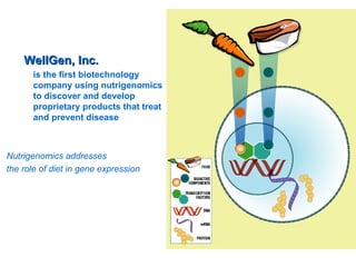 WellGen, Inc.
       is the first biotechnology
       company using nutrigenomics
       to discover and develop
       proprietary products that treat
       and prevent disease



Nutrigenomics addresses
the role of diet in gene expression
 