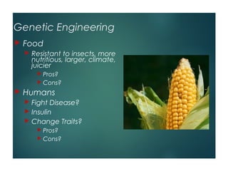 Genetic Engineering
   Food
       Resistant to insects, more
        nutritious, larger, climate,
        juicier
          Pros?
          Cons?

   Humans
     Fight Disease?
     Insulin
     Change Traits?
          Pros?
          Cons?
 