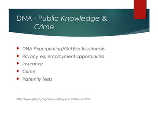 DNA - Public Knowledge &
    Crime

   DNA Fingerprinting/Gel Electrophoresis
   Privacy ex. employment opportunities
   Insurance
   Crime
   Paternity Tests



http://www.pbs.org/wgbh/nova/sheppard/labwave.html
 