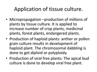Application of tissue culture.
• Micropropogation –production of millions of
plants by tissue culture. It is applied to
increase number of crop plants, medicinal
plants, forest plants, endangered plants.
• Production of haploid plants: anther or pollen
grain culture results in development of
haploid plant. The chromosomal dabbling is
done to get diploid or polyploidy.
• Production of viral free plants: The apical bud
culture is done to develop viral free plant.

 