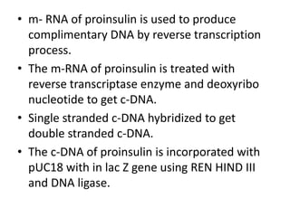 • m- RNA of proinsulin is used to produce
complimentary DNA by reverse transcription
process.
• The m-RNA of proinsulin is treated with
reverse transcriptase enzyme and deoxyribo
nucleotide to get c-DNA.
• Single stranded c-DNA hybridized to get
double stranded c-DNA.
• The c-DNA of proinsulin is incorporated with
pUC18 with in lac Z gene using REN HIND III
and DNA ligase.

 