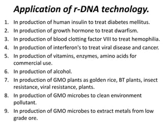 Application of r-DNA technology.
1.
2.
3.
4.
5.

6.
7.
8.
9.

In production of human insulin to treat diabetes mellitus.
In production of growth hormone to treat dwarfism.
In production of blood clotting factor VIII to treat hemophilia.
In production of interferon's to treat viral disease and cancer.
In production of vitamins, enzymes, amino acids for
commercial use.
In production of alcohol.
In production of GMO plants as golden rice, BT plants, insect
resistance, viral resistance, plants.
In production of GMO microbes to clean environment
pollutant.
In production of GMO microbes to extract metals from low
grade ore.

 