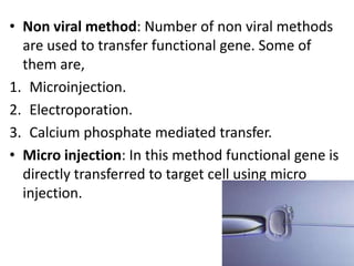 • Non viral method: Number of non viral methods
are used to transfer functional gene. Some of
them are,
1. Microinjection.
2. Electroporation.
3. Calcium phosphate mediated transfer.
• Micro injection: In this method functional gene is
directly transferred to target cell using micro
injection.

 