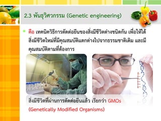 คือ เทคนิควิธีการตัดต่อยีนของสิ่งมีชีวิตต่างชนิดกัน เพื่อให้ได้
สิ่งมีชีวิตใหม่ที่มีคุณสมบัติแตกต่างไปจากธรรมชาติเดิม และมี
คุณสมบัติตามที่ต้องการ
สิ่งมีชีวิตที่ผ่านการตัดต่อยีนแล้ว เรียกว่า GMOs
(Genetically Modified Organisms)
2.3 พันธุวิศวกรรม (Genetic engineering)
 
