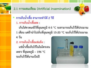  การเก็บน้าเชื้อ สามารถทาได้ 2 วิธี
1. การเก็บน้าเชื้อสด :
เก็บใส่ขวดแช่ไว้ที่อุณหภูมิ 4-5 ๐C จะสามารถเก็บไว้ได้ประมาณ
1 เดือน แต่ถ้านาไปเก็บที่อุณหภูมิ 15-20 ๐C จะเก็บไว้ได้ประมาณ
4 วัน
2. การเก็บน้าเชื้อแช่แข็ง :
แช่น้าเชื้อเก็บไว้ในไนโตรเจน
เหลว ที่อุณหภูมิ – 196 ๐C
จะเก็บไว้ได้นานเป็นปี
2.1 การผสมเทียม (Artificial insemination)
 