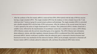 • After the synthesis of the first strand, mRNA is removed from DNA: RNA hybrid with the help of RNAse enzyme
leaving a single-stranded cDNA. This single-stranded cDNA has the tendency to form a hairpin loop at the 3 end,
ʹ
which provide 3′ hydroxyl group for second-strand synthesis (self-priming). The single-stranded cDNA is converted
into a double-stranded DNA with the help of DNA polymerase. After the synthesis of the second strand, the loop at
3′ end is opened by the action of single-strand-specific S1 nuclease. The synthesized cDNA is further cloned into a
suitable vector, followed by the transformation of recombinant vectors into a suitable host to create a cDNA library.
cDNA libraries contain only the actively transcribed genes of an organism. The cDNA libraries lack information
about enhancers, introns, and other regulatory elements because cDNA is synthesized from fully transcribed and
processed mRNA. Introns would pose a problem when the eukaryotic gene is expressed in bacteria because most
bacteria do not have any mechanism for the removal of introns. cDNA can be promptly expressed in a bacterial cell
because mature mRNA is already spliced in eukaryotic cells, and hence the produced cDNA lacks introns.
 