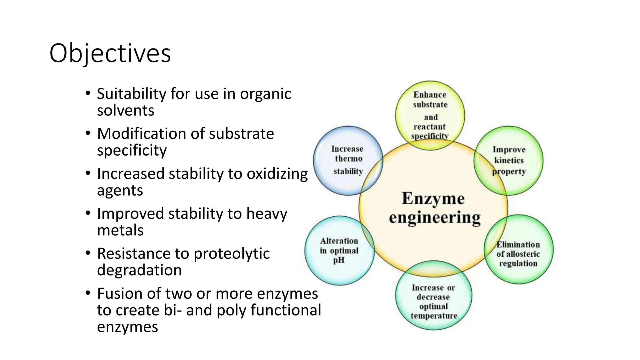 Objectives
• Suitability for use in organic
solvents
• Modification of substrate
specificity
• Increased stability to oxidizing
agents
• Improved stability to heavy
metals
• Resistance to proteolytic
degradation
• Fusion of two or more enzymes
to create bi- and poly functional
enzymes
 