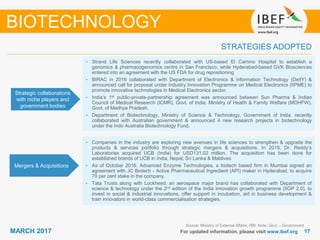 1717MARCH 2017 For updated information, please visit www.ibef.org
STRATEGIES ADOPTED
BIOTECHNOLOGY
• Strand Life Sciences recently collaborated with US-based El Camino Hospital to establish a
genomics & pharmacogenomics centre in San Francisco, while Hyderabad-based GVK Biosciences
entered into an agreement with the US FDA for drug repositioning
• BIRAC in 2016 collaborated with Department of Electronics & Information Technology (DeitY) &
announced call for proposal under Industry Innovation Programme on Medical Electronics (IIPME) to
promote innovative technologies in Medical Electronics sector.
• India’s 1st public-private-partnership agreement was announced between Sun Pharma & Indian
Council of Medical Research (ICMR), Govt. of India, Ministry of Health & Family Welfare (MOHFW),
Govt. of Madhya Pradesh.
• Department of Biotechnology, Ministry of Science & Technology, Government of India, recently
collaborated with Australian government & announced 4 new research projects in biotechnology
under the Indo Australia Biotechnology Fund.
• Companies in the industry are exploring new avenues in life sciences to strengthen & upgrade the
products & services portfolio through strategic mergers & acquisitions. In 2015, Dr. Reddy’s
Laboratories acquired UCB (India) for USD131.02 million. The acquisition has been done for
established brands of UCB in India, Nepal, Sri Lanka & Maldives
• As of October 2016, Advanced Enzyme Technologies, a biotech based firm in Mumbai signed an
agreement with JC Biotech - Active Pharmaceutical Ingredient (API) maker in Hyderabad, to acquire
70 per cent stake in the company.
• Tata Trusts along with Lockheed, an aerospace major brand has collaborated with Department of
science & technology under the 2nd edition of the India innovation growth programme (IIGP 2.0), to
invest in social & industrial innovations, offer support in incubation, aid in business development &
train innovators in world-class commercialisation strategies.
Strategic collaborations
with niche players and
government bodies
Mergers & Acquisitions
Source: Ministry of External Affairs, RBI; Note: Govt. - Government
 