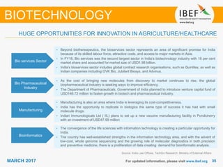 3535MARCH 2017 For updated information, please visit www.ibef.org
Bio services Sector
• Beyond biothereapeutics, the bioservices sector represents an area of significant promise for India
because of its skilled labour force, attractive costs, and access to major markets in Asia.
• In FY16, Bio services was the second largest sector in India’s biotechnology industry with 18 per cent
market share and accounted for market size of USD1.98 billion.
• India’s bioservices sector includes global contract research organisations, such as Quintiles, as well as
Indian companies including GVK Bio, Jubilant Biosys, and Advinus.
HUGE OPPORTUNITIES FOR INNOVATION IN AGRICULTURE/HEALTHCARE
BIOTECHNOLOGY
Bio Pharmaceutical
Industry
• As the cost of bringing new molecules from discovery to market continues to rise, the global
biopharmaceutical industry is seeking ways to improve efficiency.
• The Department of Pharmaceuticals, Government of India planned to introduce venture capital fund of
USD146.72 million to fasten growth in biotech and pharmaceutical industry.
Manufacturing
• Manufacturing is also an area where India is leveraging its cost-competitiveness.
• India has the opportunity to replicate in biologics the same type of success it has had with small
molecule drugs.
• Indian Immunologicals Ltd ( IIL) plans to set up a new vaccine manufacturing facility in Pondicherry
with an investment of USD47.99 million
Source: India Law Offices, TechSci Research, Ministry of External Affairs
Bioinformatics
• The convergence of the life sciences with information technology is creating a particular opportunity for
India.
• The country has well-established strengths in the information technology area, and with the advent of
low-cost, whole genome sequencing and the growing role of molecular diagnostics in both precision
and preventive medicine, there is a proliferation of data creating demand for bioinformatic analysis.
 