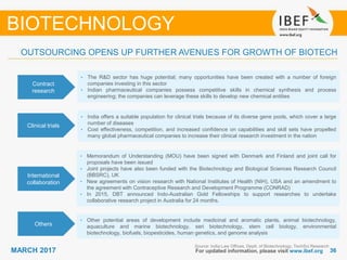 3636MARCH 2017 For updated information, please visit www.ibef.org
Contract
research
• The R&D sector has huge potential; many opportunities have been created with a number of foreign
companies investing in this sector
• Indian pharmaceutical companies possess competitive skills in chemical synthesis and process
engineering; the companies can leverage these skills to develop new chemical entities
OUTSOURCING OPENS UP FURTHER AVENUES FOR GROWTH OF BIOTECH
BIOTECHNOLOGY
Clinical trials
• India offers a suitable population for clinical trials because of its diverse gene pools, which cover a large
number of diseases
• Cost effectiveness, competition, and increased confidence on capabilities and skill sets have propelled
many global pharmaceutical companies to increase their clinical research investment in the nation
International
collaboration
• Memorandum of Understanding (MOU) have been signed with Denmark and Finland and joint call for
proposals have been issued
• Joint projects have also been funded with the Biotechnology and Biological Sciences Research Council
(BBSRC), UK
• New agreements on vision research with National Institutes of Health (NIH), USA and an amendment to
the agreement with Contraceptive Research and Development Programme (CONRAD)
• In 2015, DBT announced Indo-Australian Gold Fellowships to support researches to undertake
collaborative research project in Australia for 24 months.
Source: India Law Offices, Deptt. of Biotechnology, TechSci Research
Others
• Other potential areas of development include medicinal and aromatic plants, animal biotechnology,
aquaculture and marine biotechnology, seri biotechnology, stem cell biology, environmental
biotechnology, biofuels, biopesticides, human genetics, and genome analysis
 