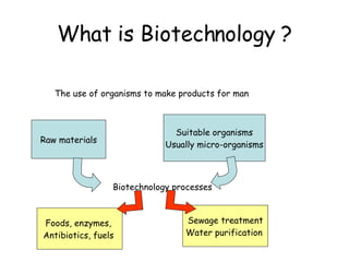 What is Biotechnology ? The use of organisms to make products for man Raw materials Suitable organisms Usually micro-organisms Biotechnology processes Foods, enzymes,  Antibiotics, fuels  Sewage treatment Water purification  