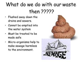 What do we do with our waste  then ????? Flushed away down the drains and sewers. Cannot be emptied into the water system Must be treated to be made safe Micro-organisms help to make sewage harmless to the environment. 