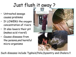 Just flush it away ? Untreated sewage causes problems It LOWERS the oxygen concentration of rivers It also lowers their pH (makes acid rivers!) Causes diseases from the poisons,and harmful micro-organisms Such diseases include Typhoid,Polio,Dysentry and Cholera !! 