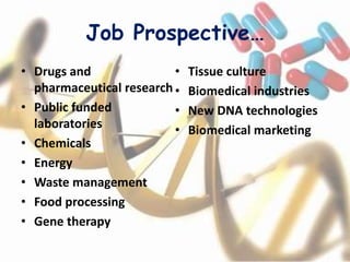Job Prospective…
• Drugs and
pharmaceutical research
• Public funded
laboratories
• Chemicals
• Energy
• Waste management
• Food processing
• Gene therapy
• Tissue culture
• Biomedical industries
• New DNA technologies
• Biomedical marketing
 