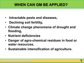 WHEN CAN GM BE APPLIED?


     • Intractable pests and diseases,
     • Declining soil fertility,
     • Climate change phenomena of drought and
       flooding,
     • Nutrient deficiencies
     • Danger of agro-chemical residues in food or
       water resources.
     • Sustainable intensification of agriculture.


Forum for Agricultural Research in Africa
 