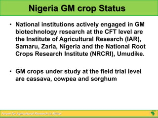 Nigeria GM crop Status
     • National institutions actively engaged in GM
       biotechnology research at the CFT level are
       the Institute of Agricultural Research (IAR),
       Samaru, Zaria, Nigeria and the National Root
       Crops Research Institute (NRCRI), Umudike.

     • GM crops under study at the field trial level
       are cassava, cowpea and sorghum




Forum for Agricultural Research in Africa
 