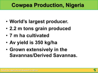 Cowpea Production, Nigeria


     •   World’s largest producer.
     •   2.2 m tons grain produced
     •   7 m ha cultivated
     •   Av yield is 350 kg/ha
     •   Grown extensively in the
         Savannas/Derived Savannas.

Forum for Agricultural Research in Africa
 