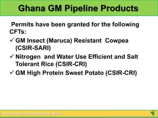 Ghana GM Pipeline Products
     Permits have been granted for the following
     CFTs:
      GM Insect (Maruca) Resistant Cowpea
       (CSIR-SARI)
      Nitrogen and Water Use Efficient and Salt
       Tolerant Rice (CSIR-CRI)
      GM High Protein Sweet Potato (CSIR-CRI)




Forum for Agricultural Research in Africa
 