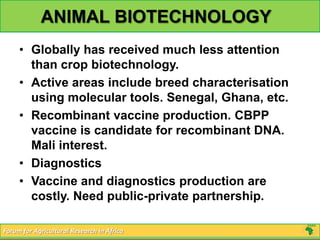 ANIMAL BIOTECHNOLOGY
     • Globally has received much less attention
       than crop biotechnology.
     • Active areas include breed characterisation
       using molecular tools. Senegal, Ghana, etc.
     • Recombinant vaccine production. CBPP
       vaccine is candidate for recombinant DNA.
       Mali interest.
     • Diagnostics
     • Vaccine and diagnostics production are
       costly. Need public-private partnership.

Forum for Agricultural Research in Africa
 
