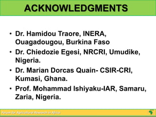 ACKNOWLEDGMENTS

     • Dr. Hamidou Traore, INERA,
       Ouagadougou, Burkina Faso
     • Dr. Chiedozie Egesi, NRCRI, Umudike,
       Nigeria.
     • Dr. Marian Dorcas Quain- CSIR-CRI,
       Kumasi, Ghana.
     • Prof. Mohammad Ishiyaku-IAR, Samaru,
       Zaria, Nigeria.

Forum for Agricultural Research in Africa
 