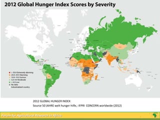 2012 GLOBAL HUNGER INDEX
                       Source 50 JAHRE welt hunger hilfe,: IFPRI CONCERN worldwide (2012)

      2/22/2013                                                                                 7
2/22/2013for Agricultural Research in Africa
 Forum                                                                                      7
 