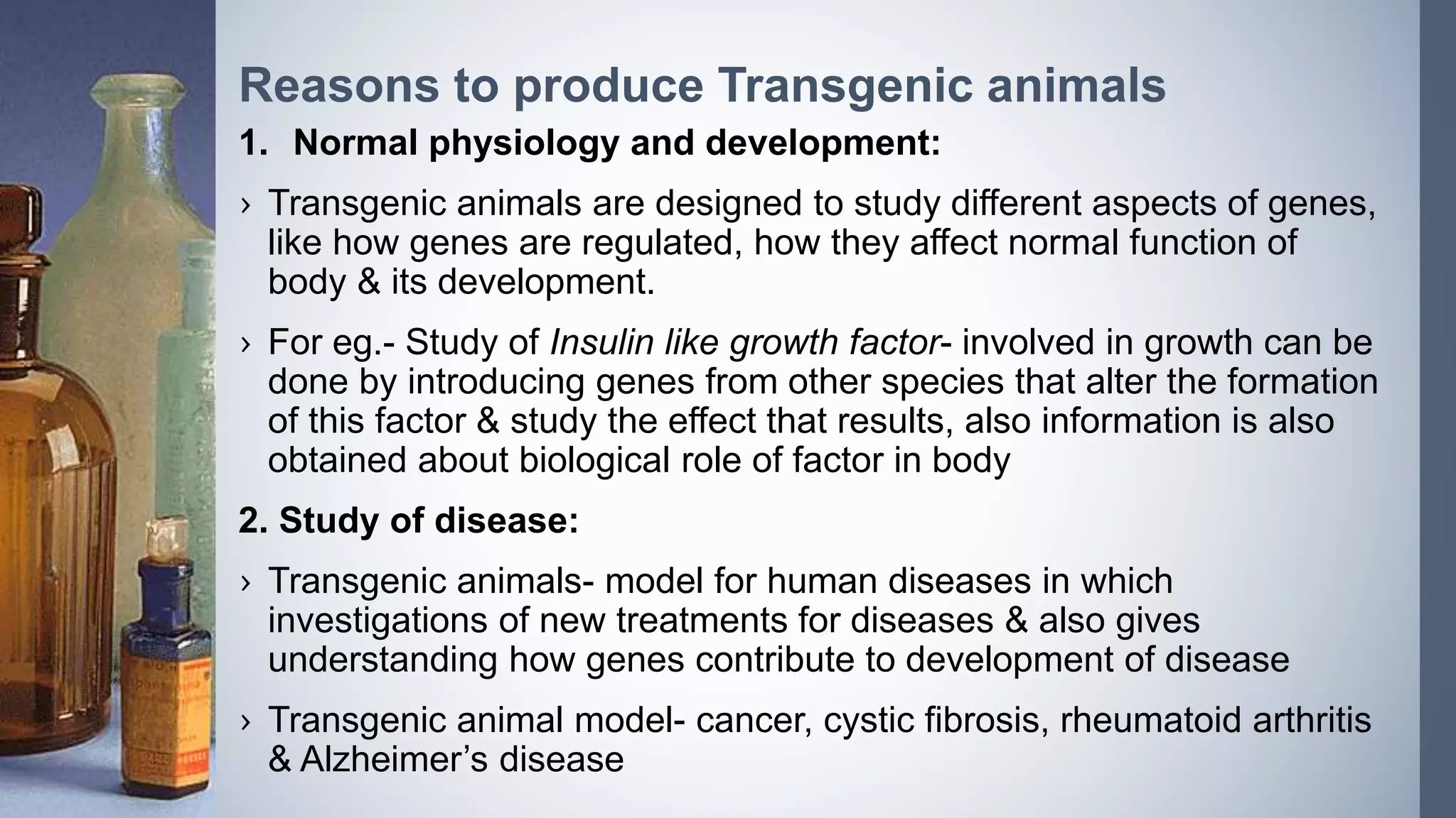 1. Normal physiology and development:
› Transgenic animals are designed to study different aspects of genes,
like how genes are regulated, how they affect normal function of
body & its development.
› For eg.- Study of Insulin like growth factor- involved in growth can be
done by introducing genes from other species that alter the formation
of this factor & study the effect that results, also information is also
obtained about biological role of factor in body
2. Study of disease:
› Transgenic animals- model for human diseases in which
investigations of new treatments for diseases & also gives
understanding how genes contribute to development of disease
› Transgenic animal model- cancer, cystic fibrosis, rheumatoid arthritis
& Alzheimer’s disease
Reasons to produce Transgenic animals
 