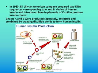 • In 1983, Eli Lilly an American company prepared two DNA
sequences corresponding to A and B, chains of human
insulin and introduced hem in plasmids of E.coli to produce
insulin chains.
Chains A and B were produced separately, extracted and
combined by creating disulfide bonds to form human insulin.
Slides prepared by: Muralidhar Shingri
 