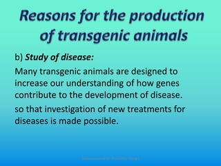 b) Study of disease:
Many transgenic animals are designed to
increase our understanding of how genes
contribute to the development of disease.
so that investigation of new treatments for
diseases is made possible.
Slides prepared by: Muralidhar Shingri
 