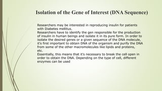 Isolation of the Gene of Interest (DNA Sequence)
Researchers may be interested in reproducing insulin for patients
with Diabetes mellitus.
Researchers have to identify the gen responsible for the production
of insulin in human beings and isolate it in its pure form. In order to
isolate the desired genes or a given sequence of the DNA molecule,
it's first important to obtain DNA of the organism and purify the DNA
from some of the other macromolecules like lipids and proteins,
etc.
Essentially, this means that it's necessary to break the cell open in
order to obtain the DNA. Depending on the type of cell, different
enzymes can be used
 