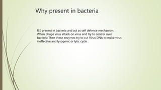 Why present in bacteria
R.E present in bacteria and act as self defence mechanism.
When phage virus attack on virus and try to control over
bacteria Then these enzymes try to cut Virus DNA to make virus
ineffective and lysogenic or lytic cycle .
 