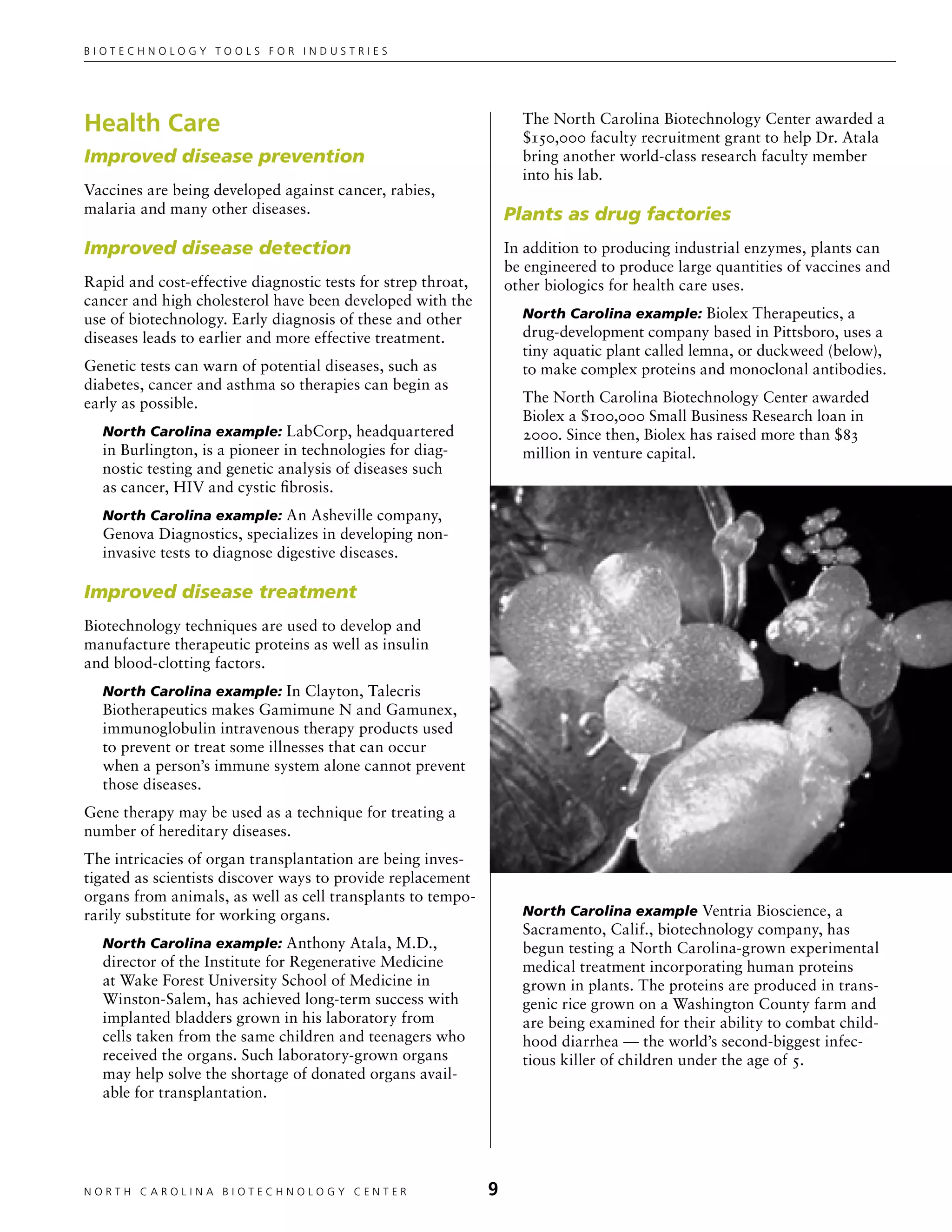 Biotechnology tools for industries




Health Care                                                         The North Carolina Biotechnology Center awarded a
                                                                    $150,000 faculty recruitment grant to help Dr. Atala
Improved disease prevention                                         bring another world-class research faculty member
                                                                    into his lab.
Vaccines are being developed against cancer, rabies,
malaria and many other diseases.                                  Plants as drug factories
Improved disease detection                                        In addition to producing industrial enzymes, plants can
                                                                  be engineered to produce large quantities of vaccines and
Rapid and cost-effective diagnostic tests for strep throat,       other biologics for health care uses.
cancer and high cholesterol have been developed with the
use of biotechnology. Early diagnosis of these and other            North Carolina example: Biolex Therapeutics, a
diseases leads to earlier and more effective treatment.             drug-development company based in Pittsboro, uses a
                                                                    tiny aquatic plant called lemna, or duckweed (below),
Genetic tests can warn of potential diseases, such as               to make complex proteins and monoclonal antibodies.
diabetes, cancer and asthma so therapies can begin as
early as possible.                                                  The North Carolina Biotechnology Center awarded
                                                                    Biolex a $100,000 Small Business Research loan in
  North Carolina example: LabCorp, headquartered                    2000. Since then, Biolex has raised more than $83
  in Burlington, is a pioneer in technologies for diag-             million in venture capital.
  nostic testing and genetic analysis of diseases such
  as cancer, HIV and cystic fibrosis.
  North Carolina example: An Asheville company,
  Genova Diagnostics, specializes in developing non-
  invasive tests to diagnose digestive diseases.

Improved disease treatment
Biotechnology techniques are used to develop and
manufacture therapeutic proteins as well as insulin
and blood-clotting factors.
  North Carolina example: In Clayton, Talecris
  Biotherapeutics makes Gamimune N and Gamunex,
  immunoglobulin intravenous therapy products used
  to prevent or treat some illnesses that can occur
  when a person’s immune system alone cannot prevent
  those diseases.
Gene therapy may be used as a technique for treating a
number of hereditary diseases.
The intricacies of organ transplantation are being inves-
tigated as scientists discover ways to provide replacement
organs from animals, as well as cell transplants to tempo-
rarily substitute for working organs.                               North Carolina example Ventria Bioscience, a
                                                                    Sacramento, Calif., biotechnology company, has
  North Carolina example: Anthony Atala, M.D.,                      begun testing a North Carolina-grown experimental
  director of the Institute for Regenerative Medicine               medical treatment incorporating human proteins
  at Wake Forest University School of Medicine in                   grown in plants. The proteins are produced in trans-
  Winston-Salem, has achieved long-term success with                genic rice grown on a Washington County farm and
  implanted bladders grown in his laboratory from                   are being examined for their ability to combat child-
  cells taken from the same children and teenagers who              hood diarrhea — the world’s second-biggest infec-
  received the organs. Such laboratory-grown organs                 tious killer of children under the age of 5.
  may help solve the shortage of donated organs avail-
  able for transplantation.




NORTH C A ROLIN A B IOTECHNOLOGY CENTER	                      
 