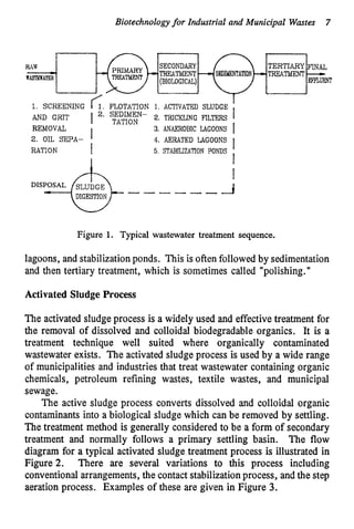 Biotechnologyfor Industrial and Municipal Wastes 7
R
i
W SECONDARY TERTIARY FINAL
- EFFLUENT
WASCFXATER
/
I
AND GRIT
1 4. AERATED LAGOONS
REMOVAL
2. OIL SEPA-
RATION I 5. STABILIZATION PONDS
I ''s ~ ~ ~ ~ ~ N -
2. TRICKLING FILTERS 1
3. ANAEROBIC LAGOONS I
I
I
I
Figure 1. Typical wastewater treatment sequence.
lagoons, and stabilizationponds. This is often followedby sedimentation
and then tertiary treatment, which is sometimes called "polishing.'I
Activated Sludge Process
The activated sludge process is a widely used and effective treatment for
the removal of dissolved and colloidal biodegradable organics. It is a
treatment technique well suited where organically contaminated
wastewater exists. The activated sludge process is used by a wide range
of municipalities and industries that treat wastewater containing organic
chemicals, petroleum refining wastes, textile wastes, and municipal
sewage.
The active sludge process converts dissolved and colloidal organic
contaminants into a biological sludge which can be removed by settling.
The treatment method is generally considered to be a form of secondary
treatment and normally follows a primary settling basin. The flow
diagram for a typical activated sludge treatment process is illustrated in
Figure 2. There are several variations to this process including
conventionalarrangements, the contact stabilizationprocess, and the step
aeration process. Examples of these are given in Figure 3.
 