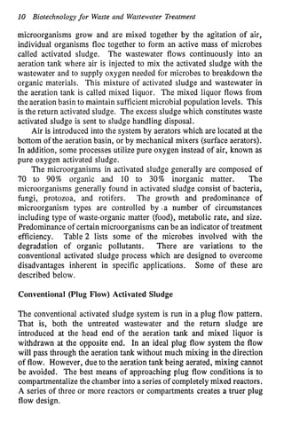 10 Biotechnology for Waste and Wastewater Treatment
microorganisms grow and are mixed together by the agitation of air,
individual organisms floc together to form an active mass of microbes
called activated sludge. The wastewater flows continuously into an
aeration tank where air is injected to mix the activated sludge with the
wastewater and to supply oxygen needed for microbes to breakdown the
organic materials. This mixture of activated sludge and wastewater in
the aeration tank is called mixed liquor. The mixed liquor flows from
the aeration basin to maintain sufficient microbial population levels. This
is the return activated sludge, The excess sludge which constitutes waste
activated sludge is sent to sludge handling disposal.
Air is introduced into the system by aerators which are located at the
bottom of the aeration basin, or by mechanical mixers (surface aerators).
In addition, some processes utilize pure oxygen instead of air, known as
pure oxygen activated sludge.
The microorganisms in activated sludge generally are composed of
70 to 90% organic and 10 to 30% inorganic matter. The
microorganisms generally found in activated sludge consist of bacteria,
fungi, protozoa, and rotifers. The growth and predominance of
microorganism types are controlled by $a number of circumstances
including type of waste-organic matter (food), metabolic rate, and size.
Predominance of certain microorganisms can be an indicator of treatment
efficiency. Table 2 lists some of the microbes involved with the
degradation of organic pollutants. There are variations to the
conventional activated sludge process which are designed to overcome
disadvantages inherent in specific applications. Some of these are
described below.
Conventional (Plug Flow) Activated Sludge
The conventional activated sludge system is run in a plug flow pattern.
That is, both the untreated wastewater and the return sludge are
introduced at the head end of the aeration tank and mixed liquor is
withdrawn at the opposite end. In an ideal plug flow system the flow
will pass through the aeration tank without much mixing in the direction
of flow. However, due to the aeration tank being aerated, mixing cannot
be avoided. The best means of approaching plug flow conditions is to
compartmentalize the chamber into a series of completely mixed reactors.
A series of three or more reactors or compartments creates a truer plug
flow design.
 