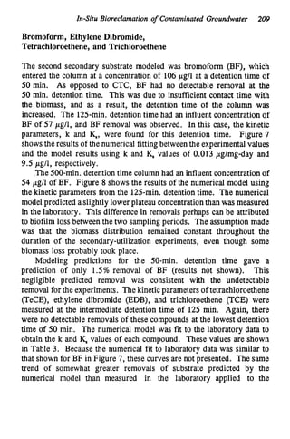 In-Situ Bioreclamation o
f Contaminated Groundwater 209
Bromoform, Ethylene Dibromide,
Tetrachloroethene, and Trichloroethene
The second secondary substrate modeled was bromoform (BF), which
entered the column at a concentration of 106pg/1 at a detention time of
50 min. As opposed to CTC, BF had no detectable removal at the
50 min. detention time. This was due to insufficient contact time with
the biomass, and as a result, the detention time of the column was
increased. The 125-min. detention time had an influent concentration of
BF of 57 pg/l, and BF removal was observed. In this case, the kinetic
parameters, k and K, were found for this detention time. Figure 7
shows the results of the numerical fitting between the experimental values
and the model results using k and K, values of 0.013 pg/mg-day and
9.5 pg/l, respectively.
The 500-min. detention time column had an influent concentration of
54 pg/l of BF. Figure 8 shows the results of the numerical model using
the kinetic parameters from the 125-min. detention time. The numerical
model predicted a slightly lower plateau concentration than was measured
in the laboratory. This difference in removals perhaps can be attributed
to biofilm loss between the two sampling periods. The assumption made
was that the biomass distribution remained constant throughout the
duration of the secondary-utilization experiments, even though some
biomass loss probably took place.
Modeling predictions for the 50-min. detention time gave a
prediction of only 1.5% removal of BF (results not shown). This
negligible predicted removal was consistent with the undetectable
removal for the experiments. Thekinetic parameters of tetrachloroethene
(TeCE), ethylene dibromide (EDB), and trichloroethene (TCE)were
measured at the intermediate detention time of 125 min. Again, there
were no detectable removals of these compounds at the lowest detention
time of 50 min. The numerical model was fit to the laboratory data to
obtain the k and K, values of each compound. These values are shown
in Table 3. Because the numerical fit to laboratory data was similar to
that shown for BF in Figure 7, these curves are not presented. The same
trend of somewhat greater removals of substrate predicted by the
numerical model than measured in thd laboratory applied to the
 