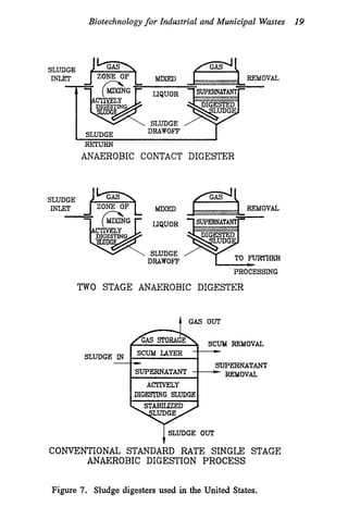 Biotechnologyfor Industrial and Municipal Wastes 19
SLUDGE IN
-
REMOVAL
SLUDGE
DRAWOF’F
RETURN
ANAEROBIC CONTACT DIGESTER
LAYER 1
-
SUPERNATANT
SUPEXNATANT -REMOVAL
ACTIVELY
DIGEXING SLUDGE
SLUDGE
I W T MMED
LIQUOR
SLUDGE
DRAWOF’F TO FURTHER
TWO STAGE ANAEROBIC DIGESTER
COMTENTIOKAL STANDARD RATE SINGLE STAGE
ANAEROBIC DIGESTION PROCESS
Figure 7
. Sludge digesters used in the United States.
 
