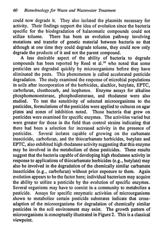 60 Biotechnologyfor Waste and Wastewater Treatment
could now degrade it. They also isolated the plasmids necessary for
activity. Their findings support the idea of evolution since the bacteria
specific for the biodegradation of halaromatic compounds could not
utilize toluene. There has been an evolution pathway involving
mutations and transfer of genetic material between bacteria so that
although at one time they could degrade toluene, they could now only
degrade the products of it and not the parent compound.
A less desirable aspect of the ability of bacteria to degrade
compounds has been reported by Reed et al.19 who noted that some
pesticides are degraded quickly by microorganisms before they have
eliminated the pests. This phenomenon is called accelerated pesticide
degradation. The study examined the response of microbial populations
in soils after incorporation of the herbicides, alachlor, butylate, EPTC,
carbofuran, cloethocarb, and isophenos. Enzyme assays for alkaline
phosphomonoesterase, phosphodiesterase, and rhodanese were also
studied. To test the sensitivity of selected microorganisms to the
pesticides, formulationsof the pesticideswere applied to cultures on agar
plates and zones of inhibition noted. Those bacteria that grew on
pesticides were examined for specificenzymes. The activitiesvaried but
were greater for those in the field than control strains indicating that
there had been a selection for increased activity in the presence of
pesticides. Several isolates capable of growing on the carbamate
insecticide, carbofuran, and the thiocarbamate herbicides, butylate and
EPTC, also exhibited high rhodaneseactivitysuggestingthat this enzyme
may be involved in the metabolism of these pesticides. These results
suggestthat the bacteria capableof developinghigh rhodanese activity in
response to applicationsof thiocarbamateherbicides (e.g., butylate) may
also be involved in the degradation of the chemically similar carbamate
insecticides (e.g., carbofuran) without prior exposure to them. Again
evolutionappearsto be the factor here; individualbacterium may acquire
the ability to utilize a pesticide by the evolution of specific enzymes.
Several organisms may have to coexist insacommunity to metabolize a
pesticide. Assays for specific enzymatic activities of microorganisms
shown to metabolize certain pesticide substrates indicate that cross-
adaption of the microorganisms for degradation of chemically similar
pesticides in the soil environment may exist. The growth pattern of
microorganisms is conceptually illustratedin Figure 2. This is a classical
viewpoint.
 